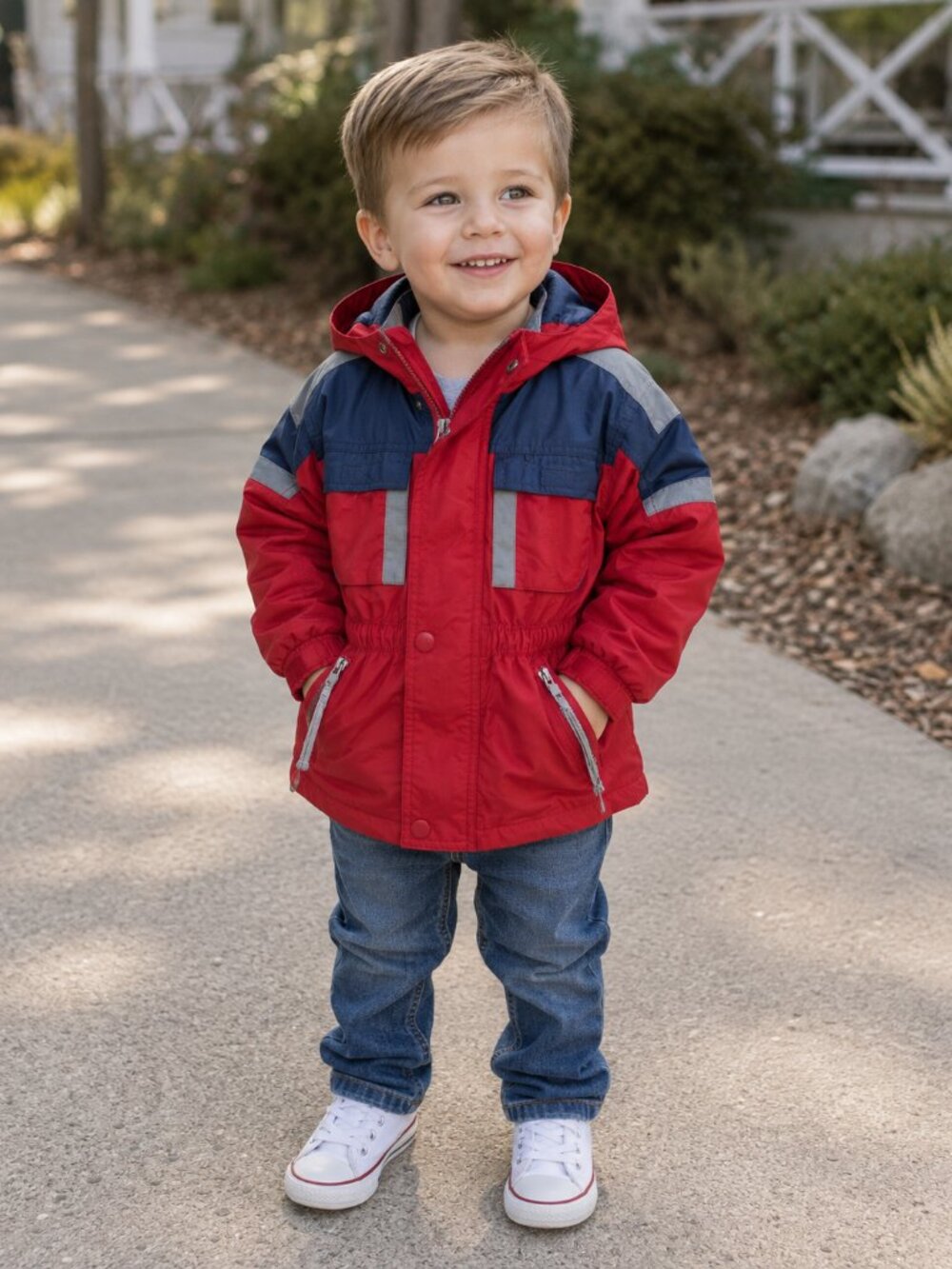 Boy's Osh Kosh Red Blue & Gray Hidden Hooded Light Weight Jacket Size 3T